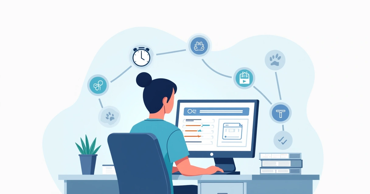 Veterinário usando software no computador com elementos digitais de agendamento e prontuário automatizado ao redor 