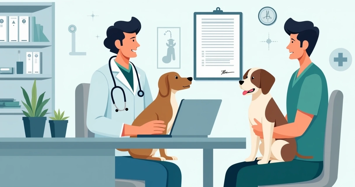 Veterinário preenchendo termo de autorização digital para anestesia em animal em ambiente clínico com elementos gráficos modernos 