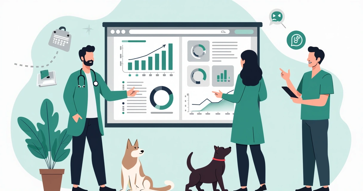 Ilustração corporativa de veterinários analisando gráficos e métricas em telas digitais sobre aumento de pacientes e consultas 