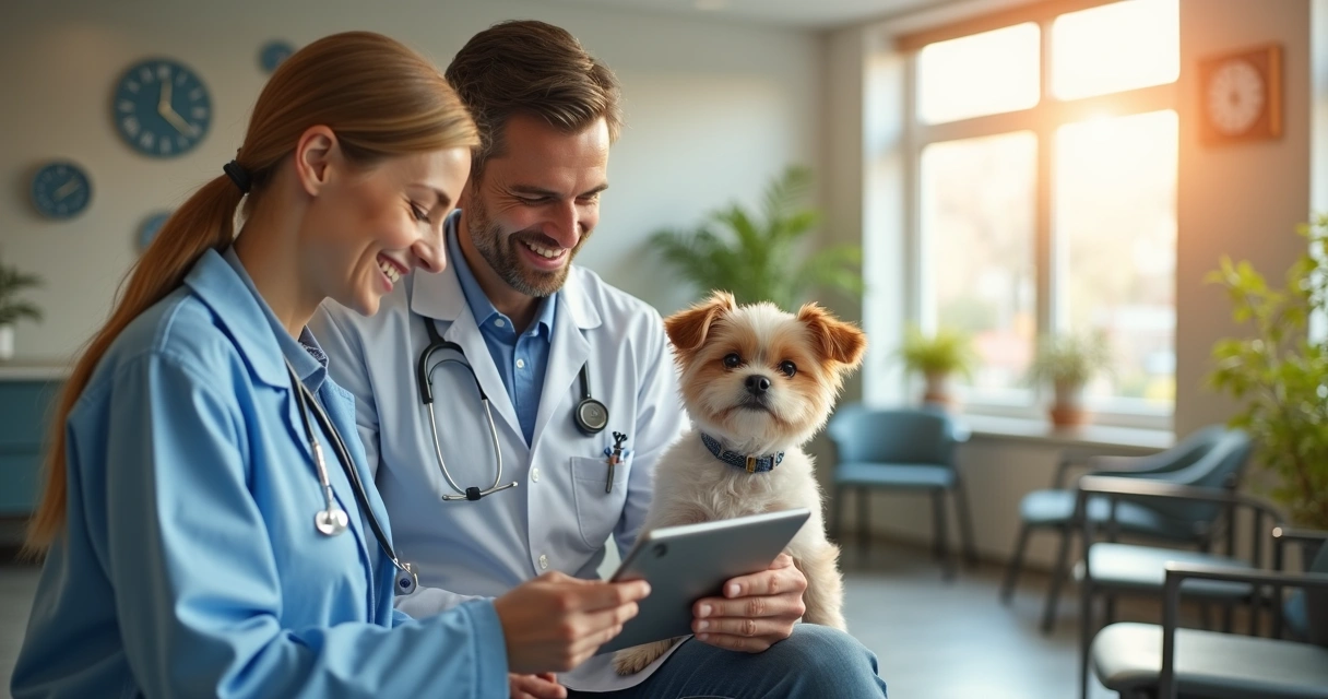 Veterinarian and pet owner reading online review on a tablet