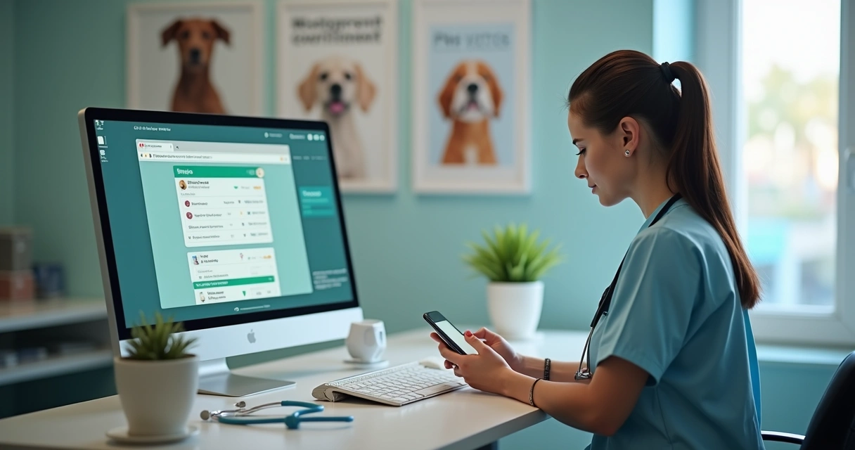 Veterinary receptionist answering WhatsApp messages on smartphone in clinic reception 