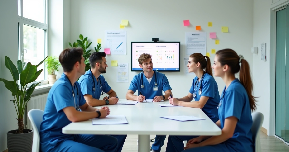 Veterinary team in meeting discussing online feedback