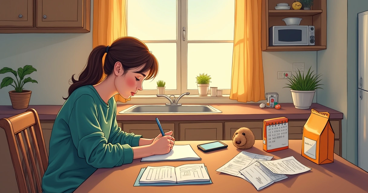Pessoa sentada à mesa com papel, anotando gastos com pet 