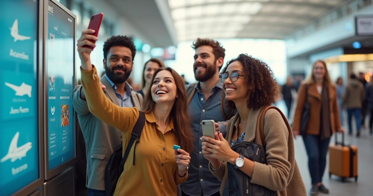 Grupo de viajantes comemorando com celulares e cartões de embarque