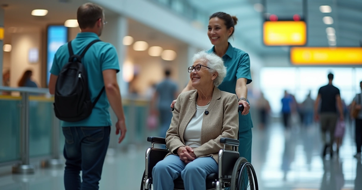 Idosa recebendo assistência de funcionária do aeroporto para embarque. 