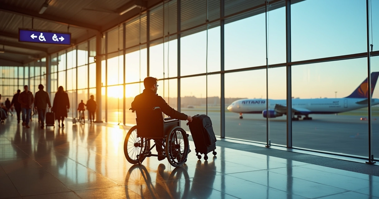 Pessoa em cadeira de rodas viajando com acompanhante em aeroporto acessível 