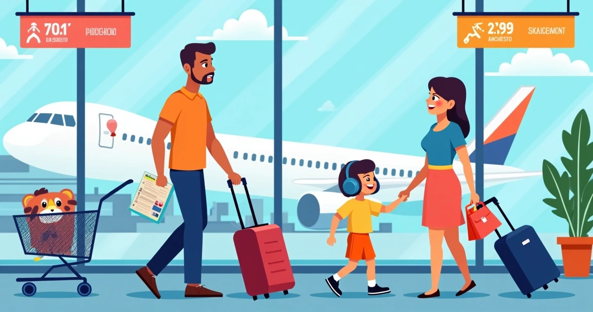 Família se preparando para viagem no aeroporto, com criança segurando fones de ouvido 