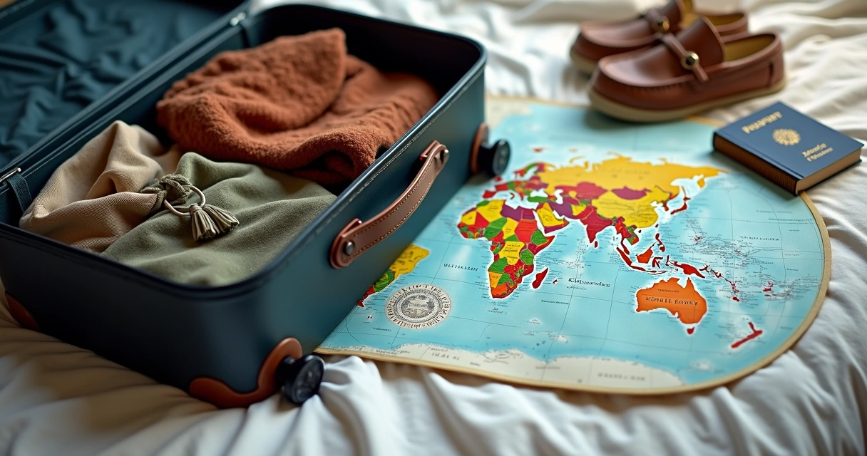 Mala aberta com roupas e itens de viagem, mapa mundial com linhas planetárias sobre a cama 