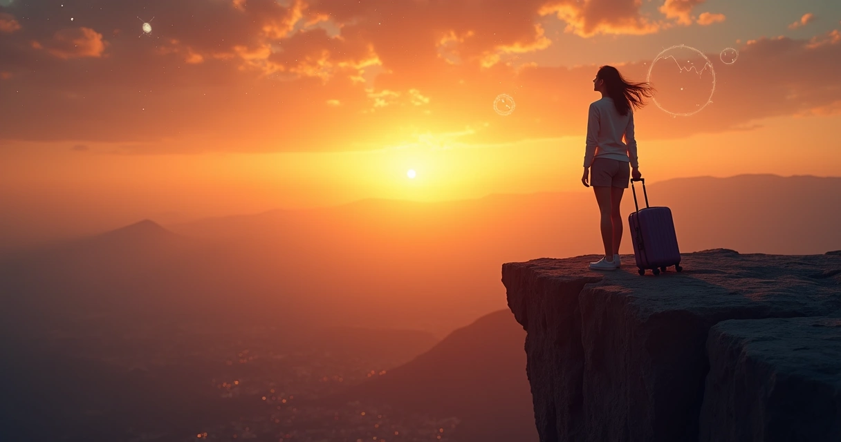 Mulher observando o horizonte em um penhasco durante o pôr do sol, com mala de viagem ao lado. 