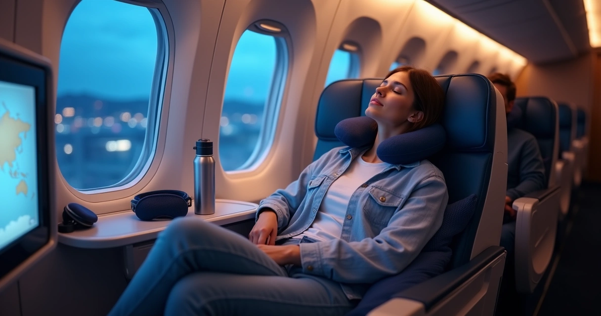 Viajante relaxa em assento de avião em voo noturno internacional 