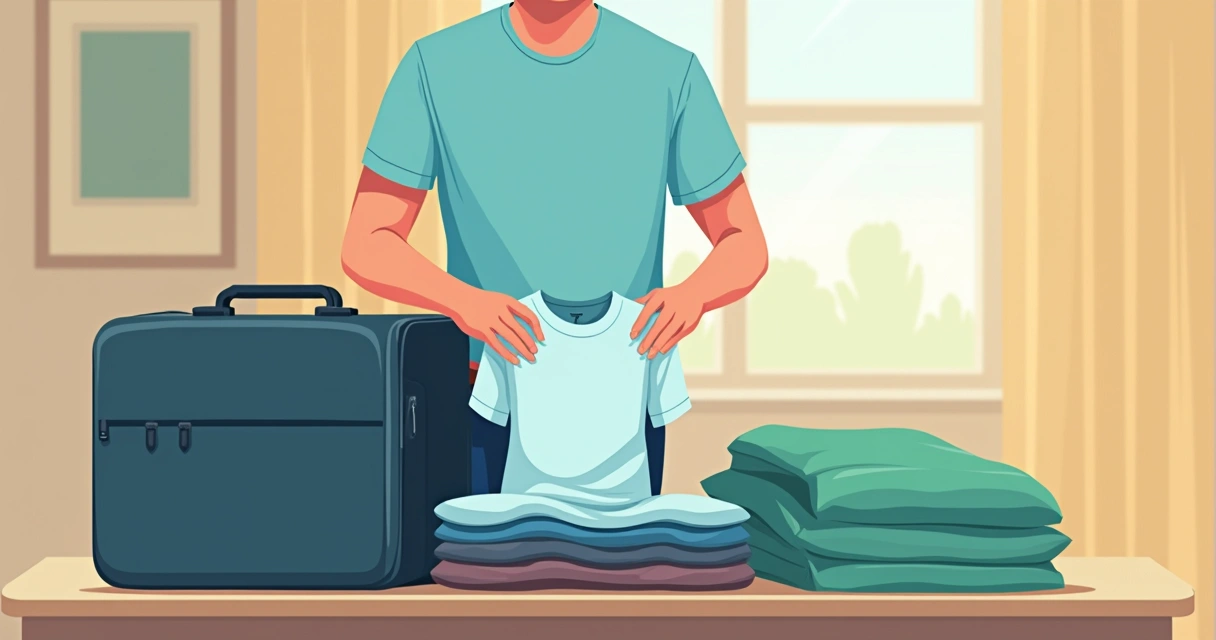 Homem arrumando mala de viagem com camiseta dry fit dobrada ao lado