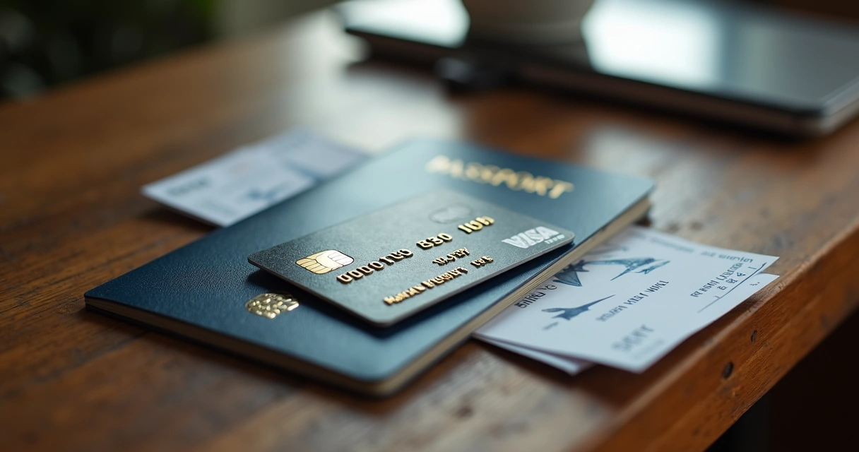 Cartão de crédito dourado ao lado de um passaporte e bilhetes de avião sobre mesa de madeira 