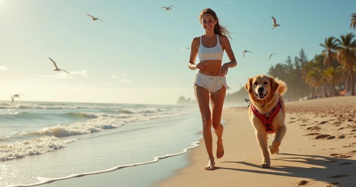 Cachorro na coleira correndo com dono em praia do litoral, céu azul e ondas ao fundo