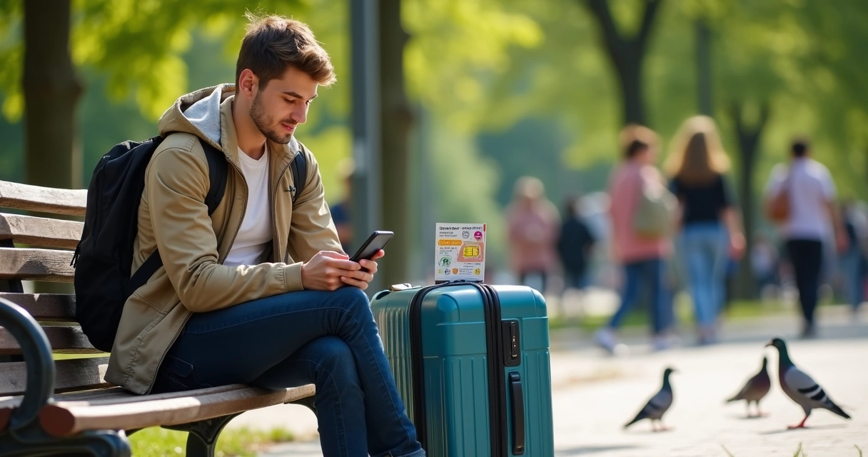 Jovem consultando mapa no celular ao lado de mala e chip internacional 