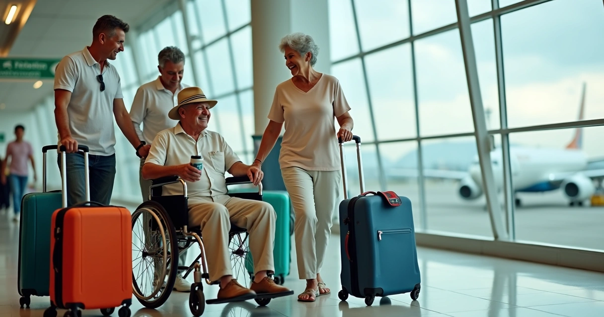 Casal de idosos viajando com família em aeroporto com malas e cadeira de rodas 