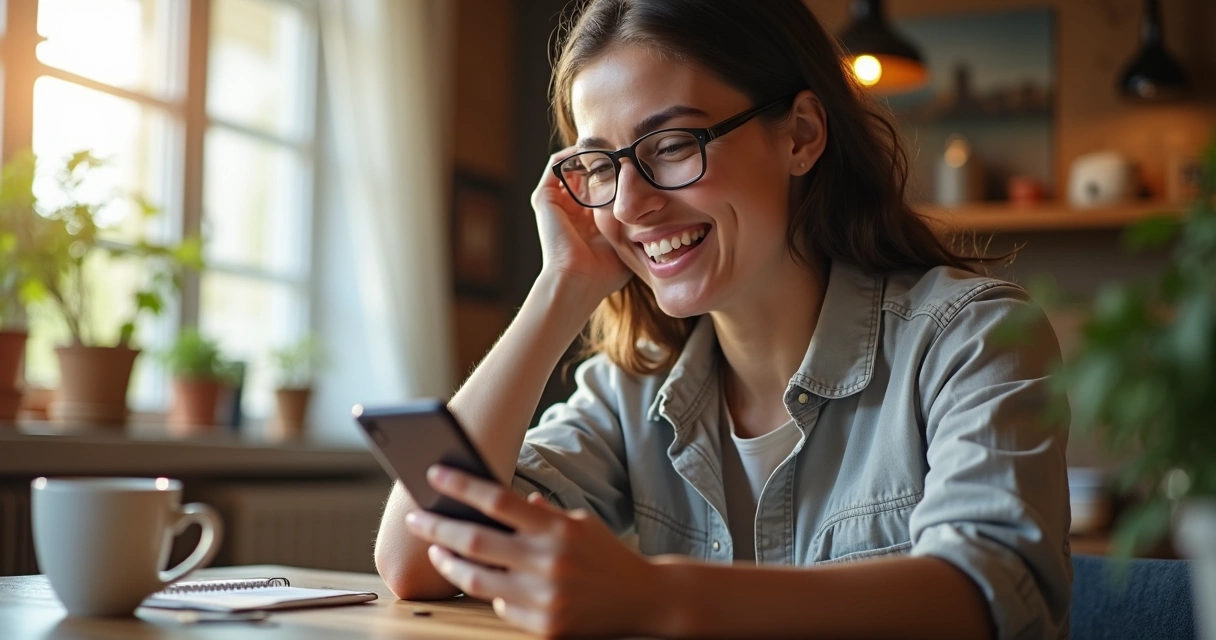 Pessoa sorrindo ao comprar passagem aérea pelo celular