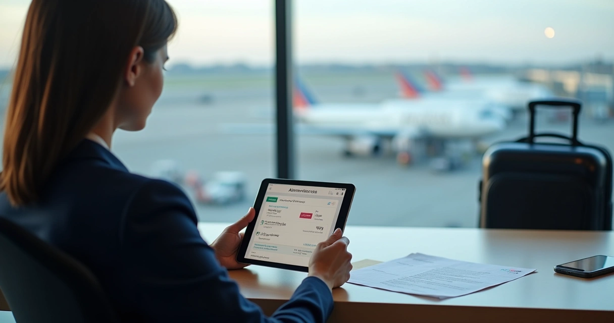 Taxa de No-show: Como Reduzir Custos em Viagens Corporativas 2 Profissional corporativo consultando passagem de voo e hotel em tablet