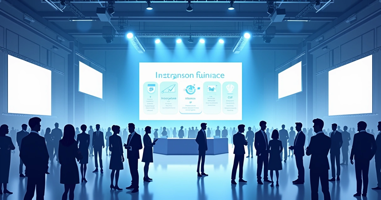 Profissionais em evento corporativo, networking e apresentação de dados 