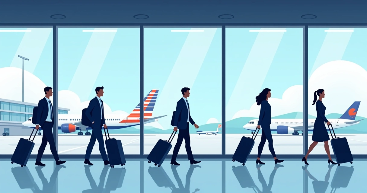 Grupos de executivos em aeroporto americano, malas, aviões ao fundo