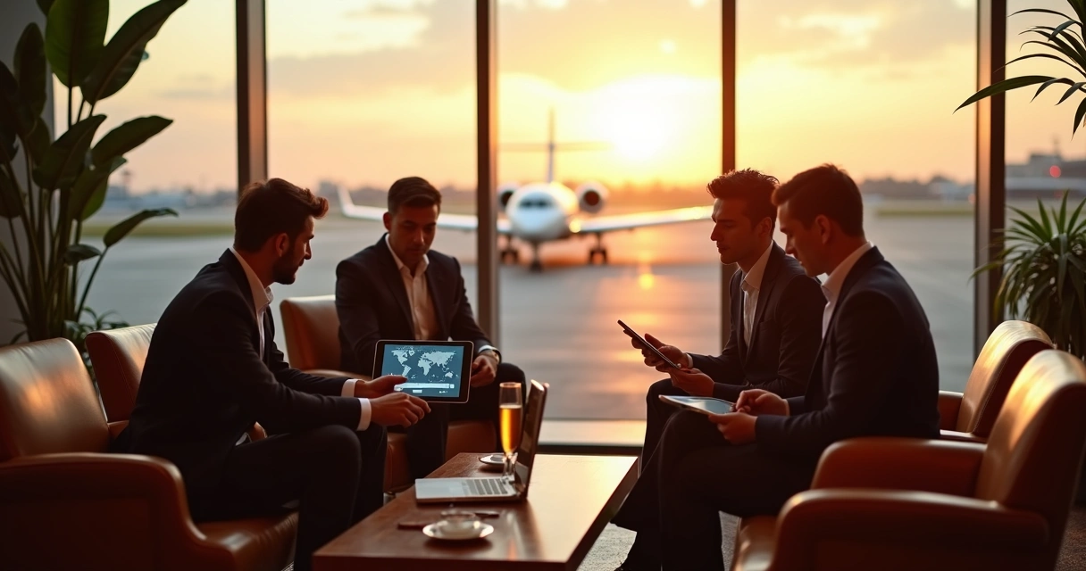Executivos em lounge de aeroporto de luxo planejando viagem corporativa 