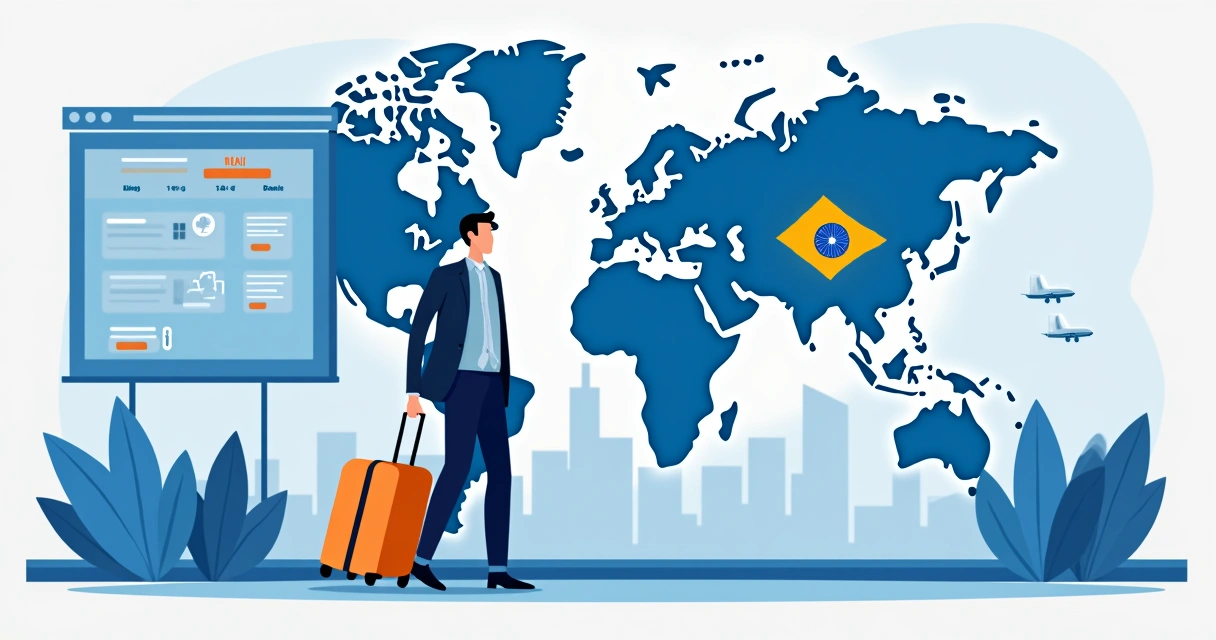 Viajante de negócios em aeroporto puxando mala, mapa do Brasil e Índia ao fundo 