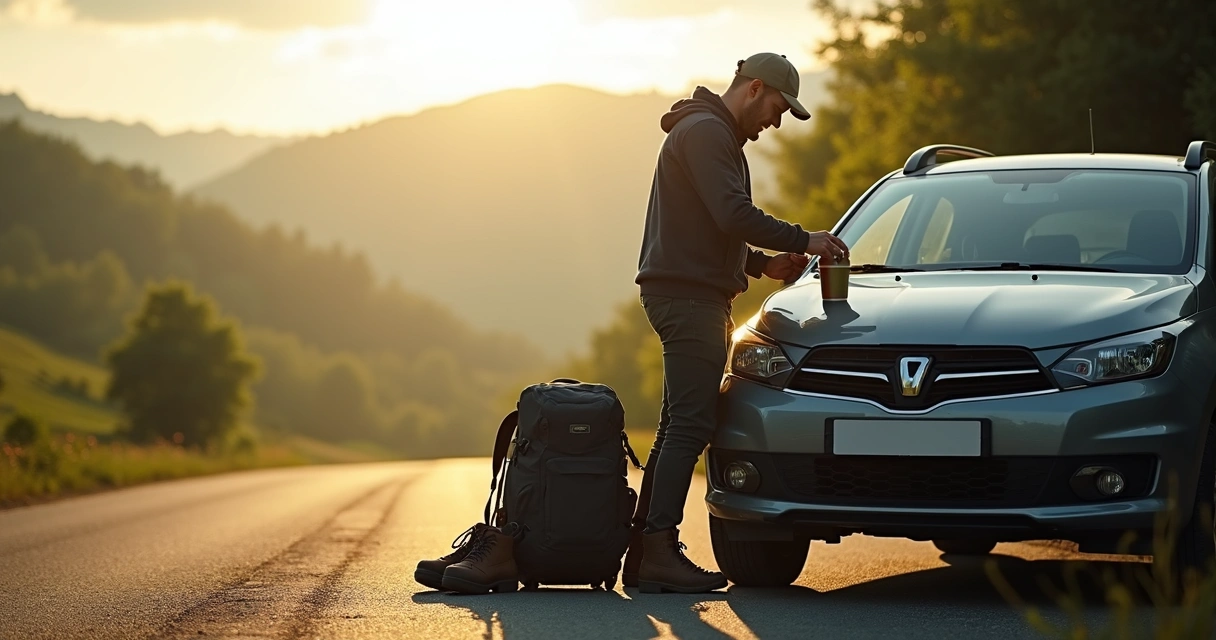 Pessoa arrumando mochila ao lado do carro para viagem no campo, manhã ensolarada