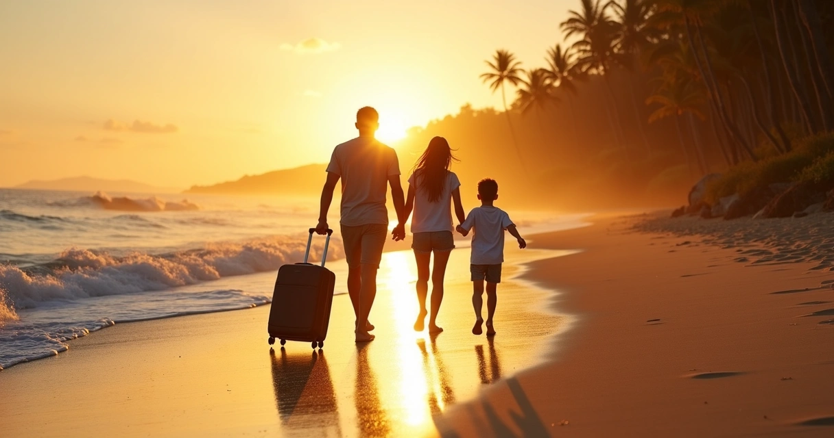Família com malas caminhando na praia ao pôr-do-sol 
