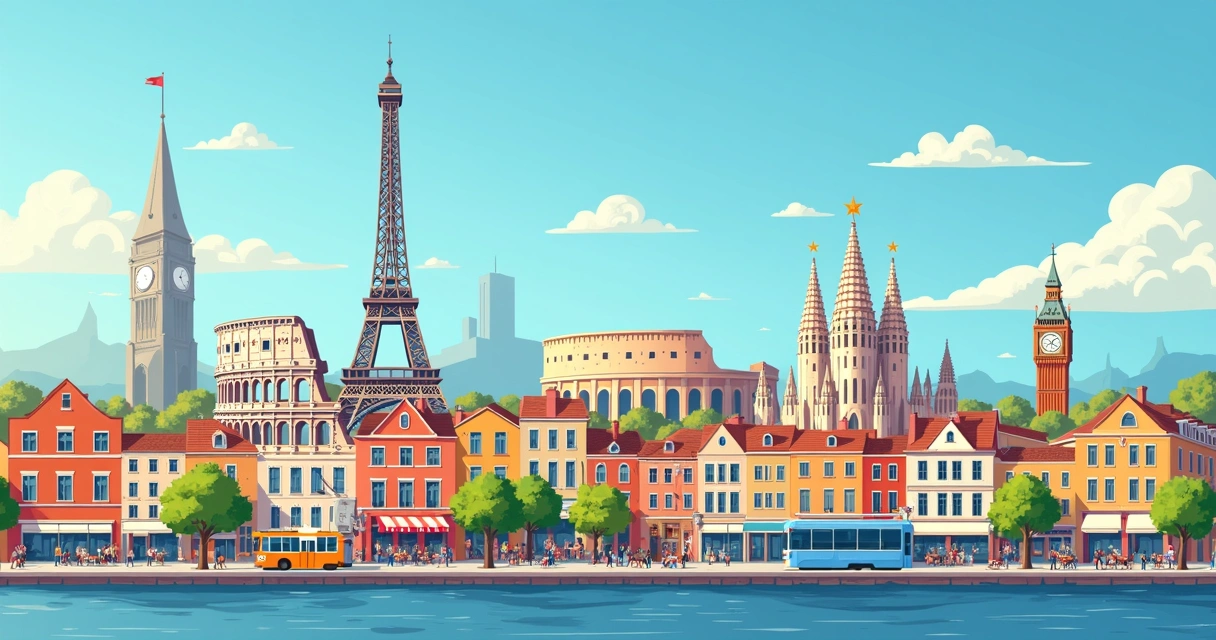 Vista panorâmica de cidades europeias coloridas e movimentadas 