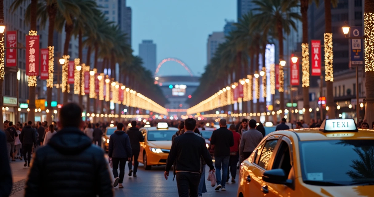 Multidão próxima a arena e táxis em uma avenida movimentada