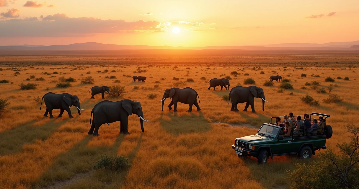 Paisagem aérea de savana africana com elefantes e turistas em safári ao amanhecer 