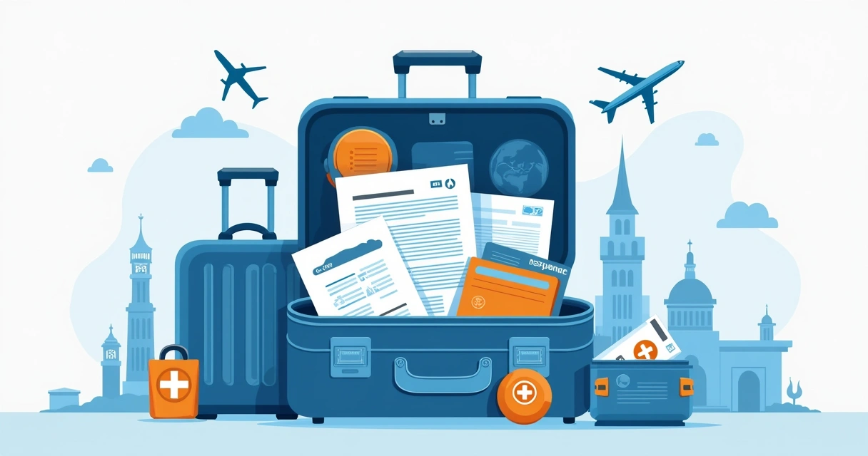 Cena ilustrando preparação para viagem internacional com mala aberta, passaporte e apólice de seguro viagem.