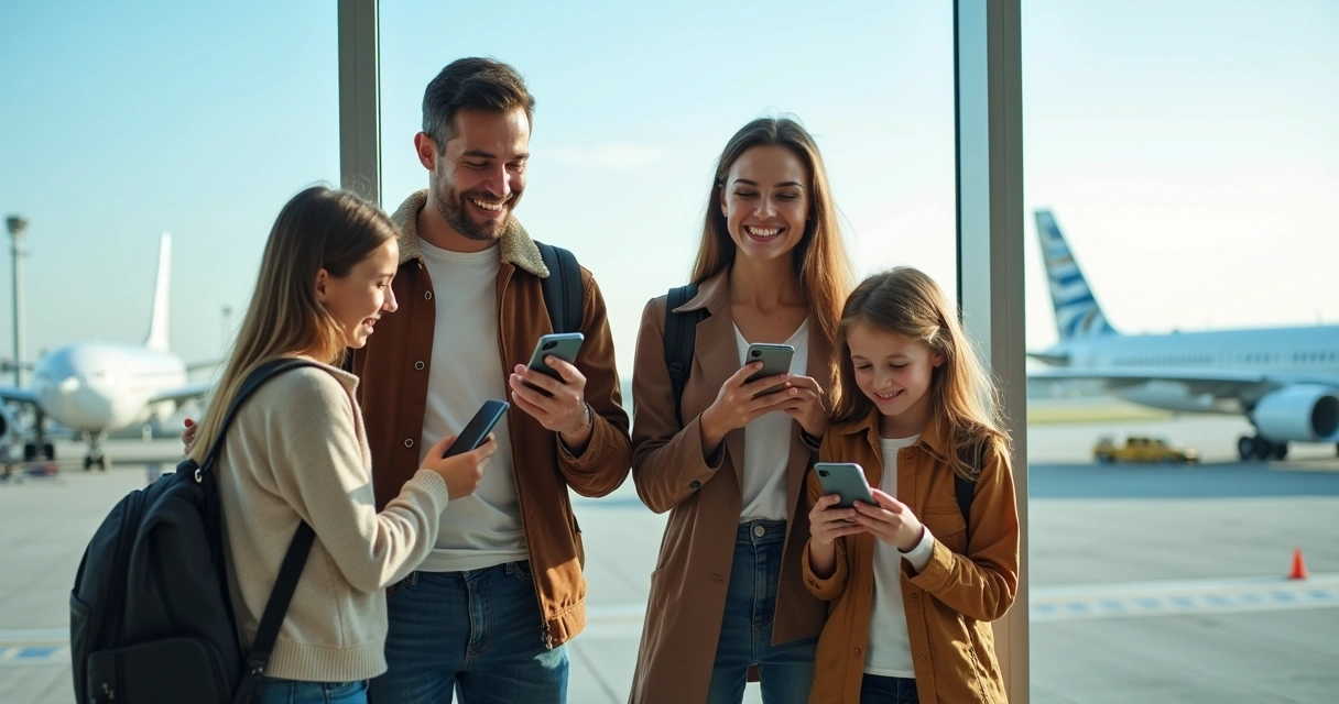 Família feliz em aeroporto com visto eletrônico aprovado