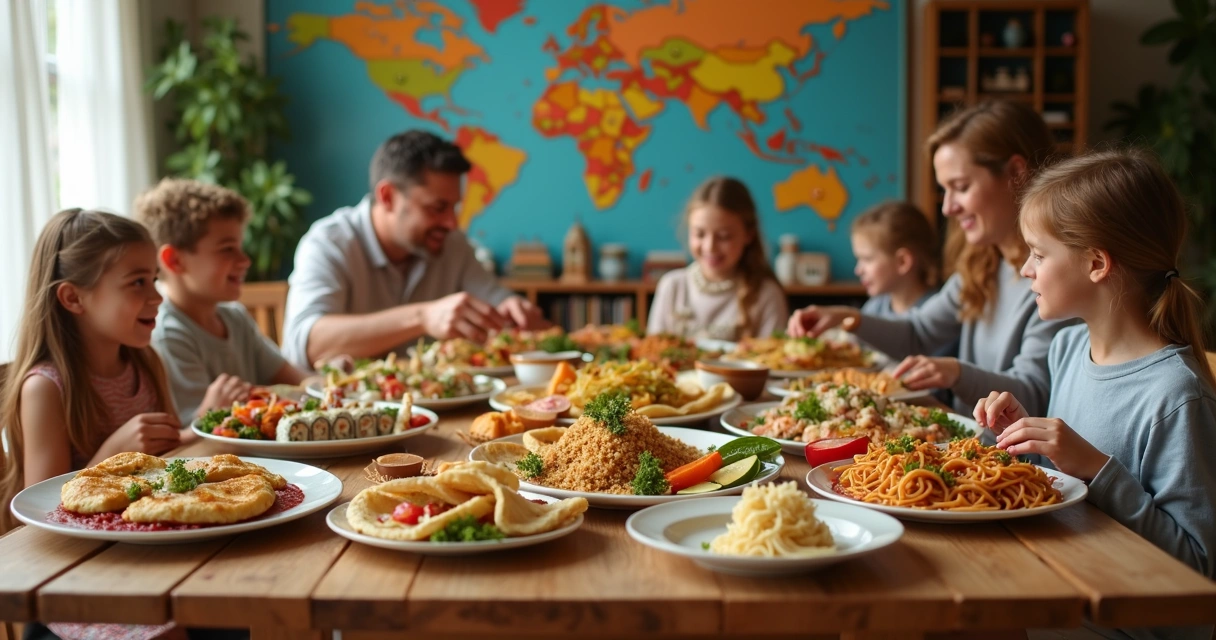 Mesa com pratos internacionais servidos em família em Orlando 