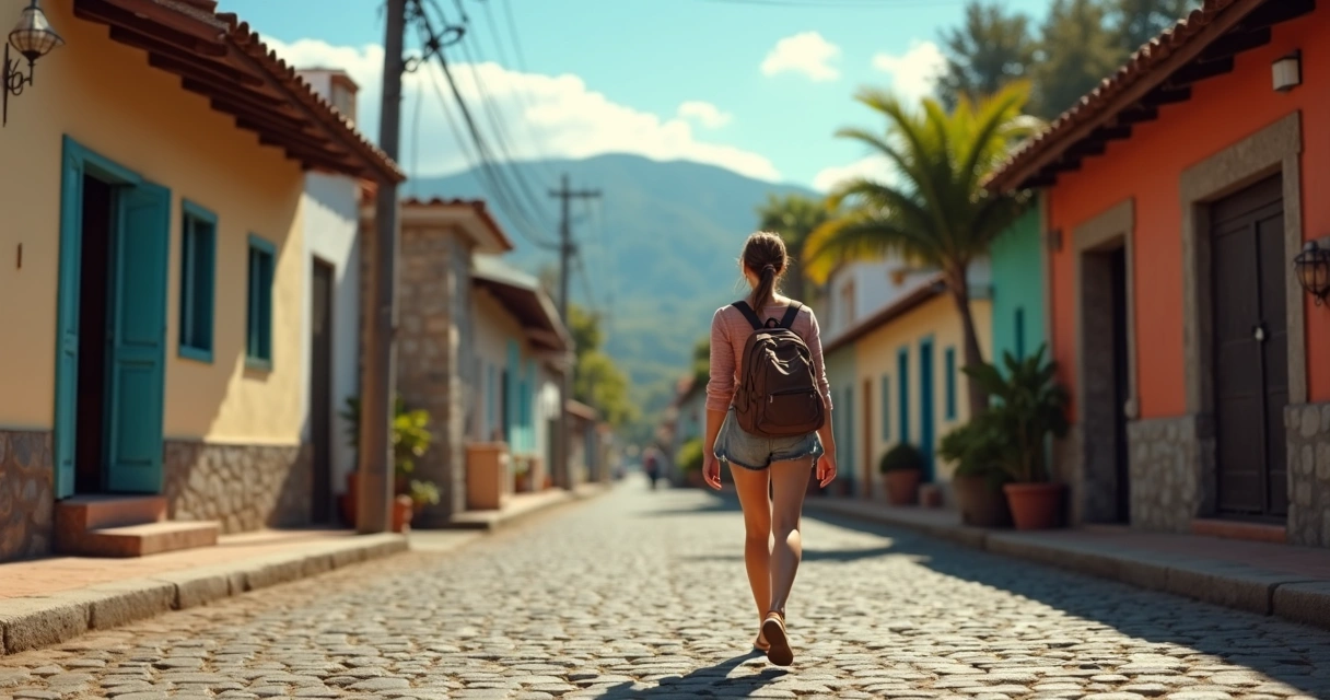 Pessoa viajando com mochila pequena caminhando em rua turística 