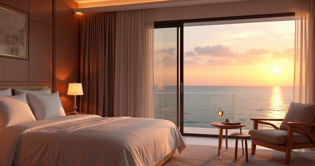 Sala de hotel de luxo com decoração sofisticada e vista para o mar ao entardecer 