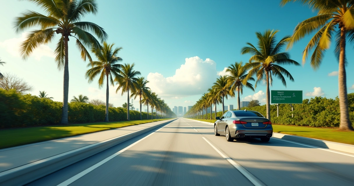 Carro luxuoso dirigindo numa estrada florida entre Miami e Orlando sob céu azul claro 