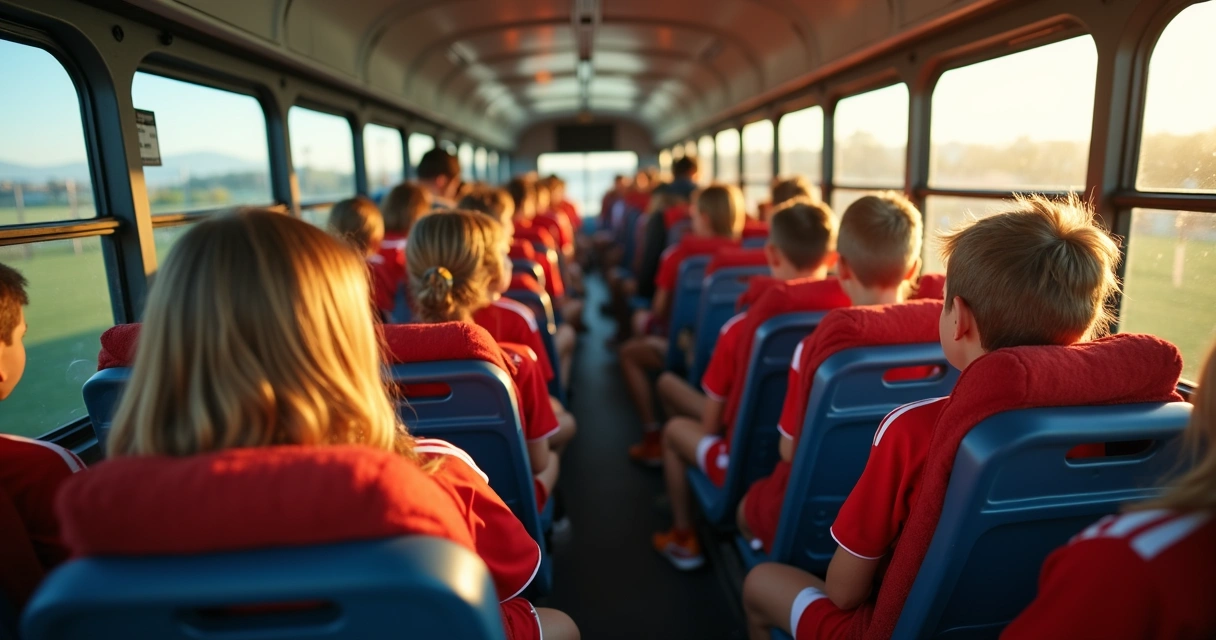 Jovens atletas de futebol viajando de ônibus para competição 