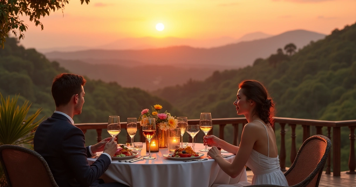 Casal desfrutando de jantar exclusivo ao ar livre com vista para paisagem natural exuberante ao entardecer 