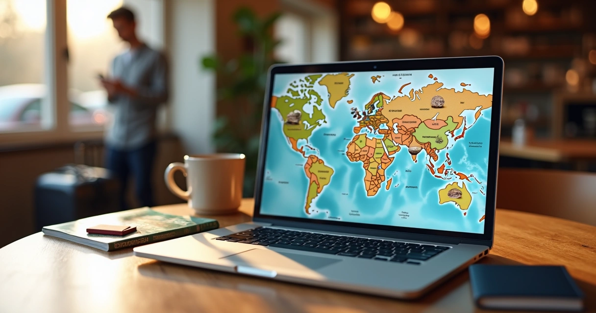 Mesa de café com laptop exibindo mapa de viagem digital personalizado 