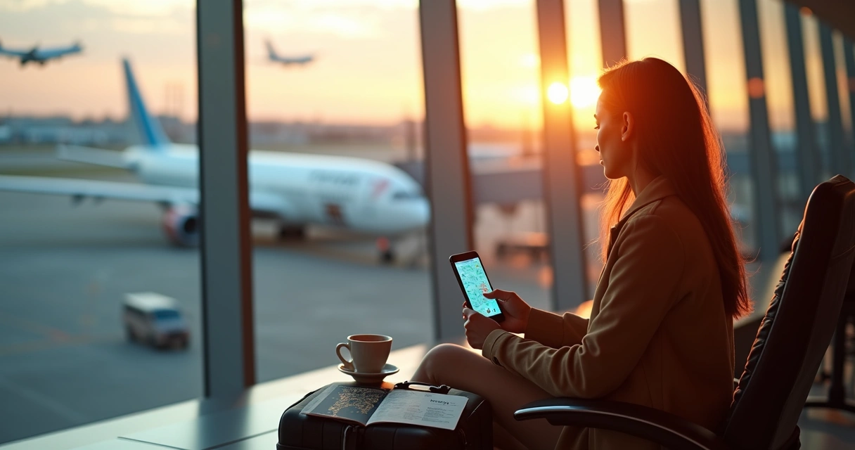 Viajante observando mapa e conexões de voo em aeroporto moderno 