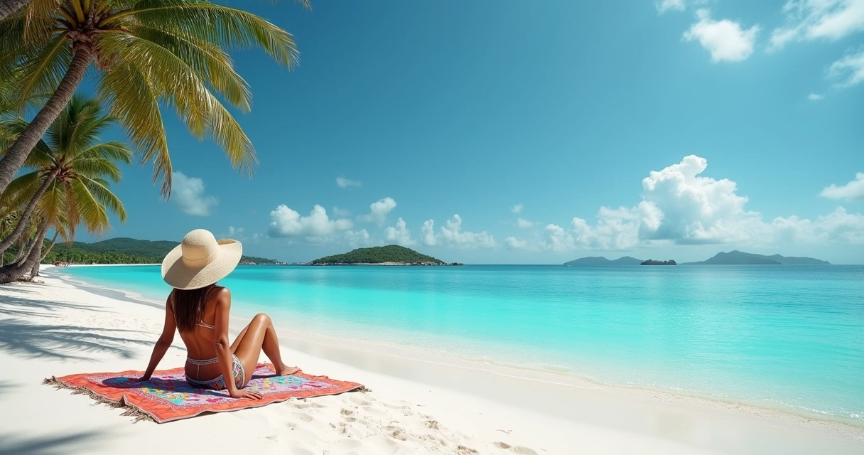 Pessoa relaxando na praia de areia branca com mar azul calmo ao fundo e céu claro 