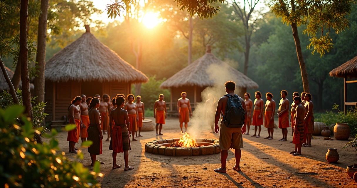 Viajante observando ritual indígena em aldeia com postura respeitosa 