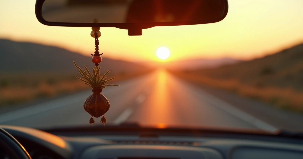 Carro em estrada com paisagem aberta e pingente protetor pendurado no retrovisor 