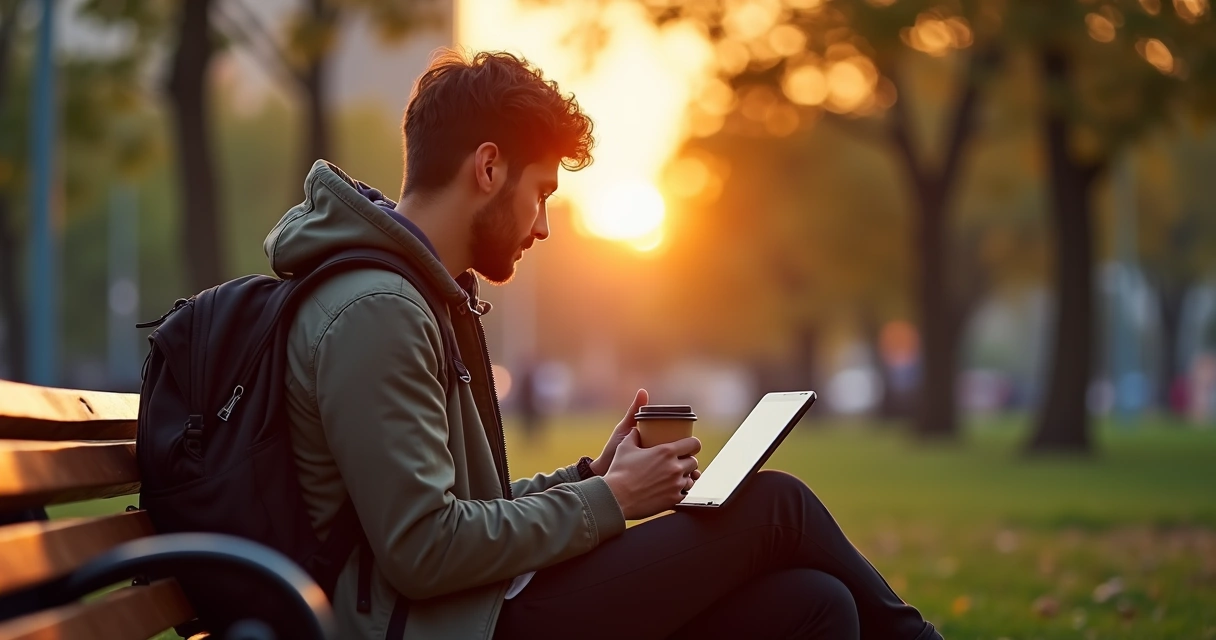 Pessoa jovem com mochila, tablet e café sentada em banco de praça, com vista urbana ao fundo ao entardecer 