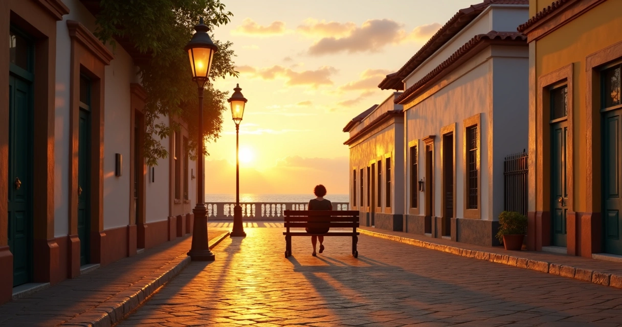 Pessoa sentada sozinha em banco de praça em Paraty ao pôr do sol 