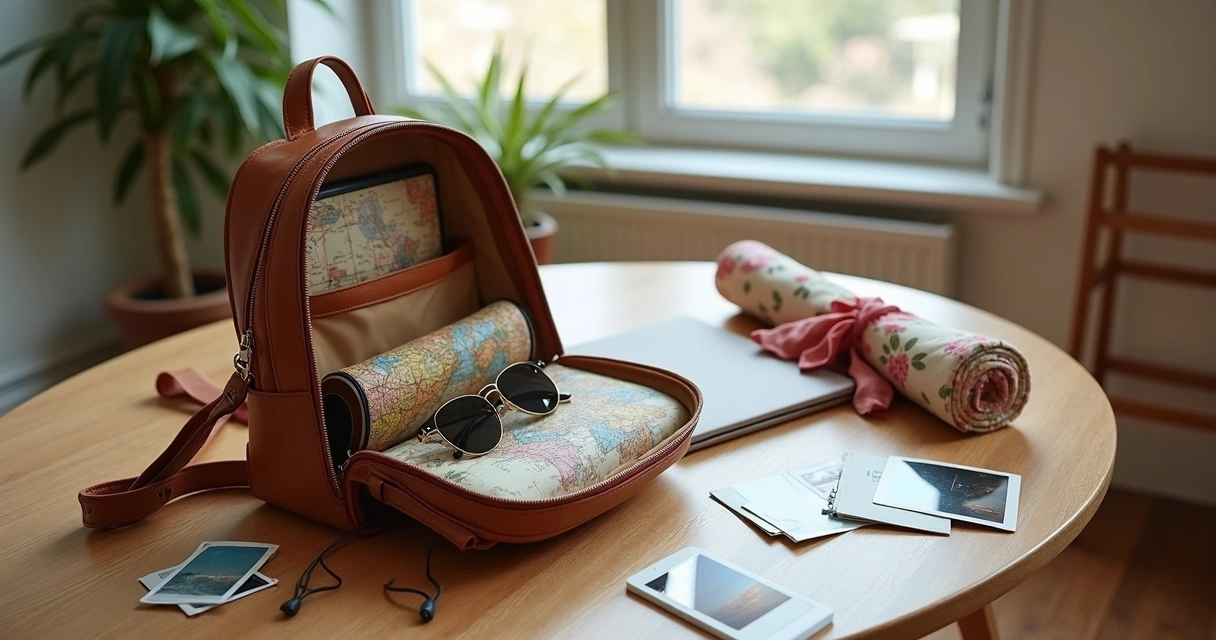 Mochila estilosa aberta com itens de viagem 