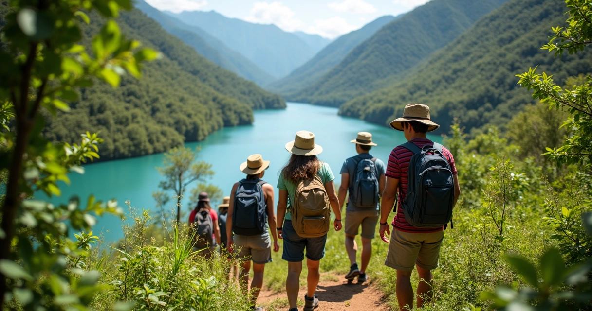 Turistas brasileiros em trilha ecológica com paisagem natural ao fundo 