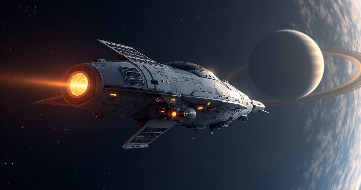 Spacecraft viajando pelo espaço próximo a Saturno. 