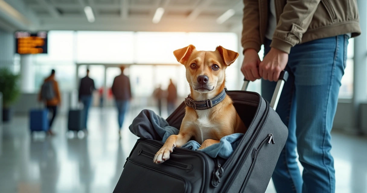 Pessoa segurando cachorro pequeno dentro de mala de viagem aberta em ambiente de aeroporto 