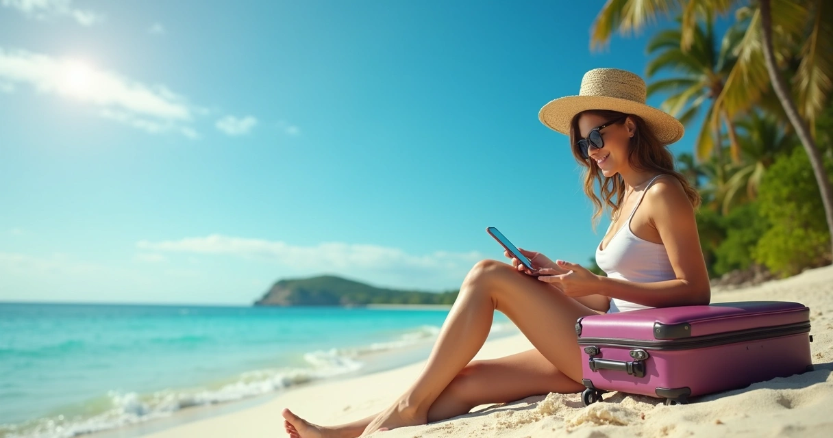 Mulher jovem sentada em uma praia com mala de viagem e celular na mão 